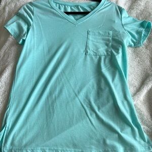 Vibrant Aqua V-Neck Tee with Pocket